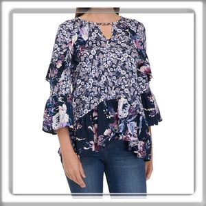 CUPIO Keyhole Neckline Floral Navy 3/4 Sleeve Ruffle Top Tunic Blue Size Medium
